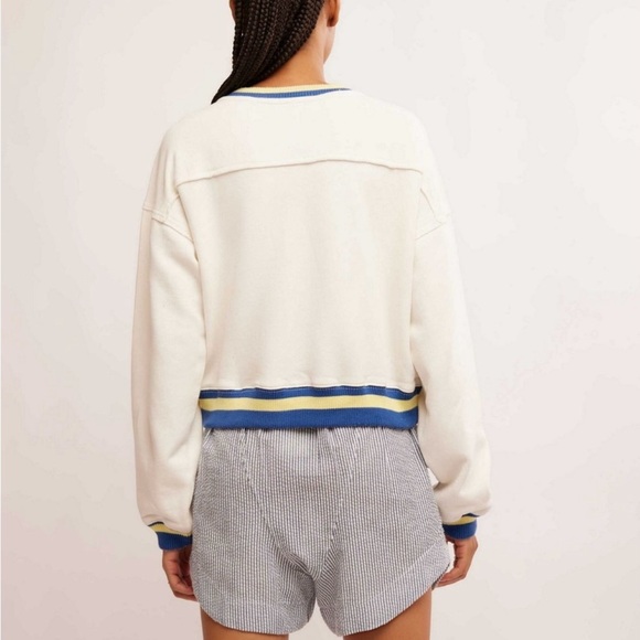 $98 Free People Rio Stripe Hem Sweatshirt, Women's Cream and Blue V-Neck Top - Picture 3 of 7